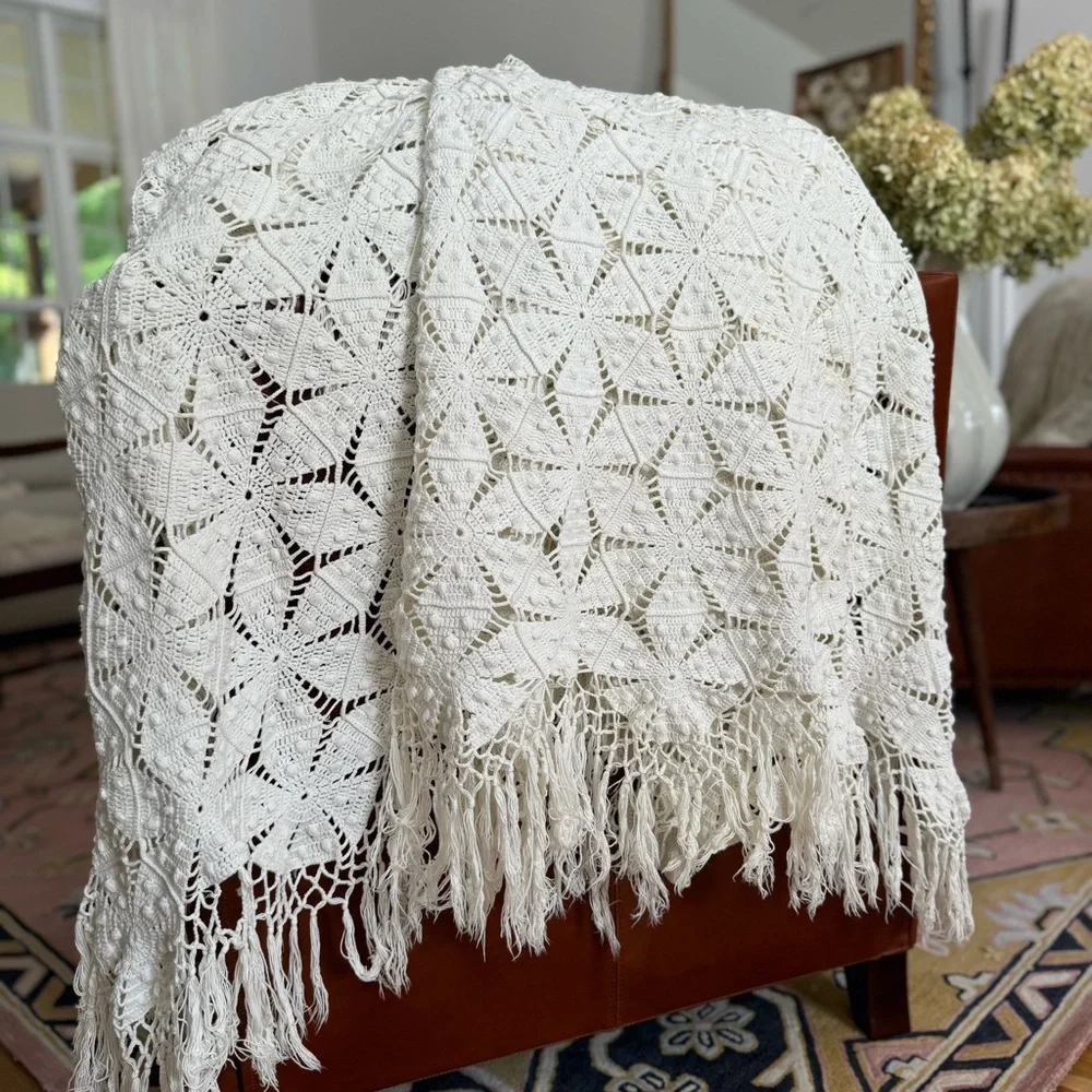 handmade vintage heavy cotton lace bedspread, popcorn crochet stars, long fringe